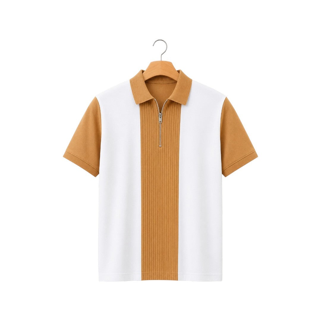 The Howling Wolff Men's Premium White & Camel Color Block Zip Polo Shirt