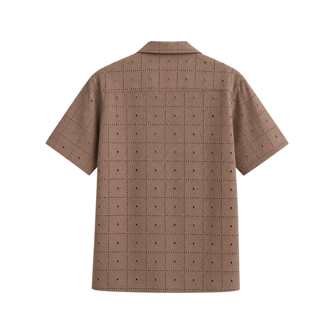 The Howling Wolff Men's Premium Brown Textured Eyelet Short Sleeve Button-Up Shirt