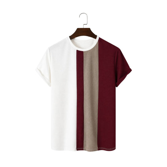 The Howling Wolff Men's Premium Color Block Crew Neck T-Shirt – White, Taupe & Burgundy