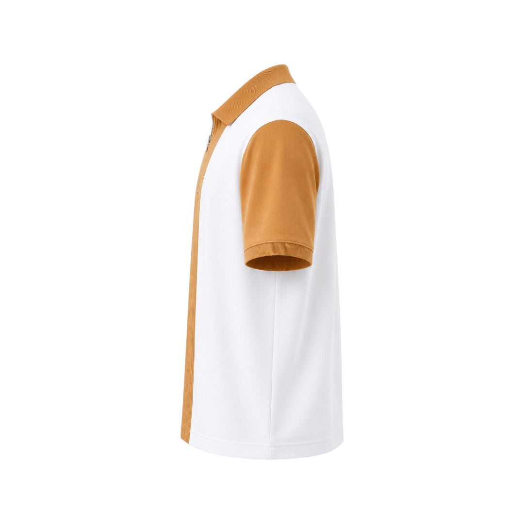 The Howling Wolff Men's Premium White & Camel Color Block Zip Polo Shirt