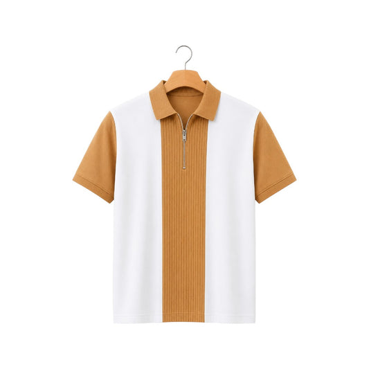 The Howling Wolff Men's Premium White & Camel Color Block Zip Polo Shirt