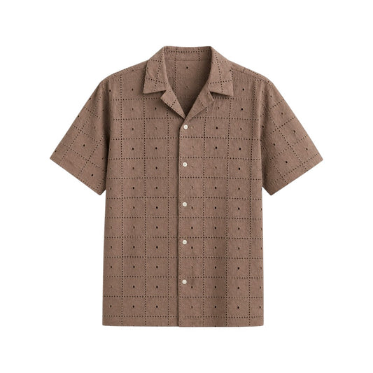 The Howling Wolff Men's Premium Brown Textured Eyelet Short Sleeve Button-Up Shirt
