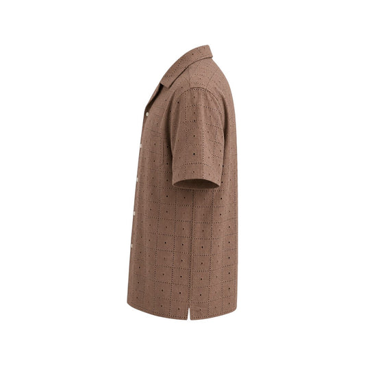 The Howling Wolff Men's Premium Brown Textured Eyelet Short Sleeve Button-Up Shirt