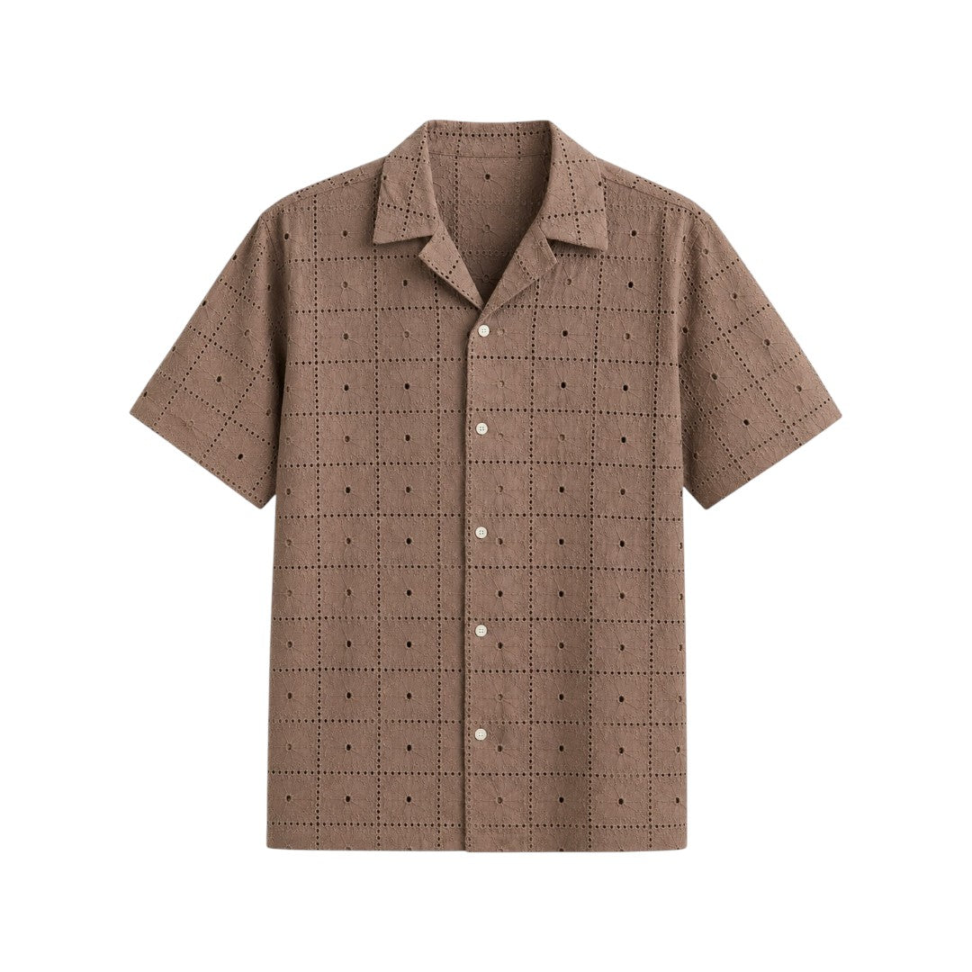 The Howling Wolff Men's Premium Brown Textured Eyelet Short Sleeve Button-Up Shirt